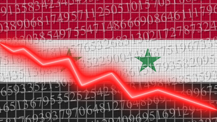 Syria flag and economic and finance growth progress chart report - red neon zigzag down line – 3D Illustrations