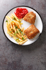 Breaded spanish steak Cachopo served with french fries close-up in a plate on the table. vertical top view from above