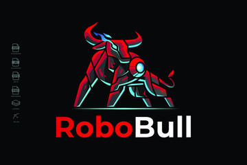 Modern Mecha Robotic Bull Logo Design Template