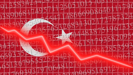 Turkey flag and economic and finance growth progress chart report - red neon zigzag down line – 3D Illustrations