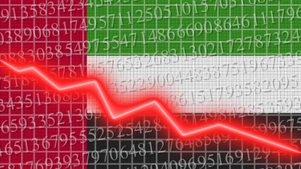 United Arap Emirates flag and economic and finance growth progress chart report - red neon zigzag down line – 3D Illustrations