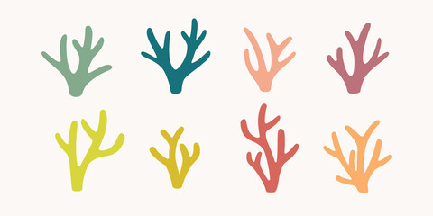 Different types of coral.  Design elements collection.Flat line vector illustration.