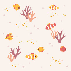 Trendy seamless pattern with clown fish, butterfly fish and coral. Flat vector colorful  illustration.