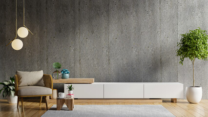 Mock up a TV wall mounted have cabinet for tv and leather armchair in cement room with concrete wall.