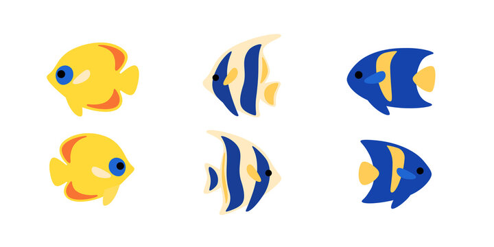 Group of fishes - tropical fishes isolated on white background. Moorish idol fish, arabic angelfish and yellow coral fish. Vector illustration in colorful style.