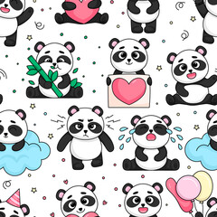 Seamless vector pattern with cute pandas on a white background. Vector illustration. 