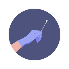 Hand in a protective glove and holding a cotton swab - pcr covid-19 rapid test. Vector illustration isolated on white background. Icon