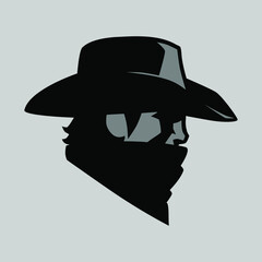 Cowboy masked outlaw symbol side view on gray backdrop. Design element - obrazy, fototapety, plakaty