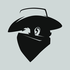 Cowboy masked outlaw symbol side view on gray backdrop. Design element
