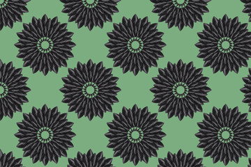 Fototapeta na wymiar Abstract seamless pattern, the element is taken from a real photo. An ornament imitating large black flowers on a green background. Concept: printing on fabric, wrapping paper or wallpaper.