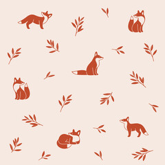 Simple seamless trendy animal pattern with silhouette of fox and twig. Cartoon vector illustration.