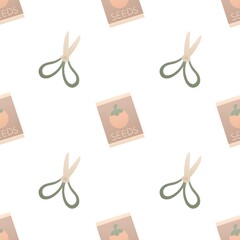 cute garden spring pattern for kids - green scissors and seeds on white background
