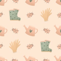 cute spring pattern for kids - rubber boots and gardening watering can