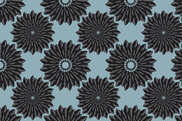 Abstract seamless pattern, the element is taken from a real photo. An ornament imitating a black flower. Repeating elements on a blue background. Concept: print on fabric, wrapping paper or wallpaper.