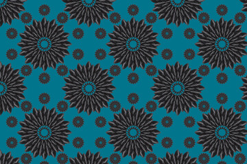 Abstract seamless pattern, the element is taken from a real photo. An ornament imitating black flowers large and small on a blue background. Concept: printing on fabric, wrapping paper or wallpaper.