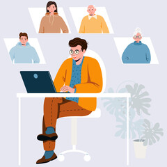 Video call with relatives. A man is talking to his parents, friends, brothers and sisters on a computer webcam. Online conference, virtual meeting. Stay at home, social distancing. Vector illustration