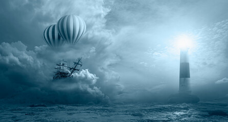 Fantasy background hot air balloon with old ship flying over stormy clouds lighthouse in the...