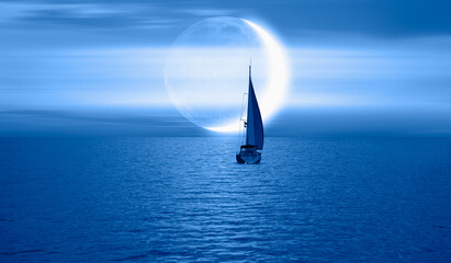 Lonely yacht sails on the background of the crescent or new moon