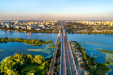Aerial view of the Darnytsia arch bridges across the Dnieper in Kiev, Ukraine