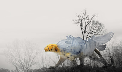 Creative double exposure of wild cat Leopard(toy model) with used  plastic bags,arid landscape.The...