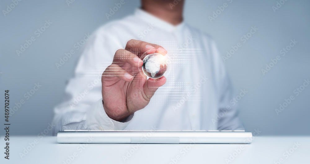 Poster small digital earth in businessman's hand with keyboard computer on white. future global network con
