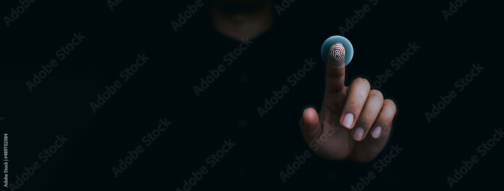 Poster blue fingerprint scan icon on virtual screen while finger scanning for security access with biometri