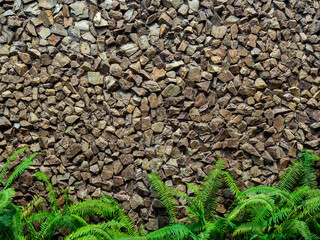 Strong wall decoration with many crack stones ornamented with fresh green fern leaves on below. Rock wall texture background.