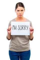 It wont happen again. A young woman holding a board with the words Im sorry.