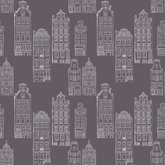 Seamless pattern of gingerbread houses in Amsterdam drawn in a graphic editor on a Gray background. For poster, stickers, sketchbook cover, print, your design.