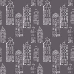 Fototapeta premium Seamless pattern of gingerbread houses in Amsterdam drawn in a graphic editor on a Gray background. For poster, stickers, sketchbook cover, print, your design.
