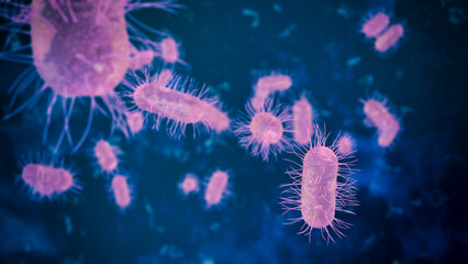 bacteria cells under the microscope, concept of microbiology, scientific and medical research (3d render)
