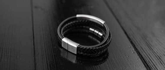 Black leather male bracelet with metal pendant on the dark wooden desk - 489703481