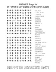 Answer page for St Patrick's Day illustrated zigzag word search puzzle
