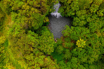 Aerial view of a hidden waterfall found in a forest located in Mauritius