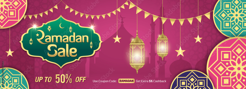 Wall mural Ramadan Sale, web header or banner design with golden shiny frame, arabic lanterns and Islamic Ornament.