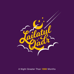 Lailatul Qadr lettering greeting card design with crescent moon and stars.