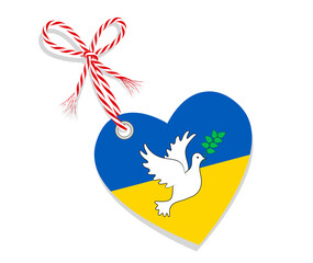 Frieden f&uuml;r Ukraine Fahne als Herz mit Kordel-Schleife,
Vektor Illustration isoliert auf wei&szlig;em Hintergrund
