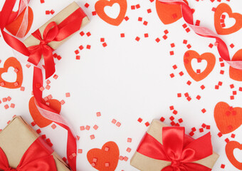 Background wit red ribbon and bright hearts for Valentine day decoration	