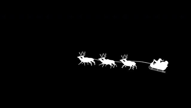 Animation of a black silhouette of Santa Claus in a sleigh being pulled by reindeers on a black background