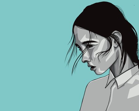 A picture of a girl with her hair fluttering in the wind on a turquoise background.
