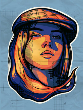 Illustration of a charismatic strong girl in a cap, drawn in warm colors on a textured blue background.
