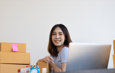 Fototapeta na wymiar Happy smiling Asian woman starting a small e-commerce business working on an internet laptop.