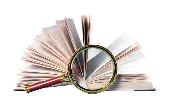 Open book with magnifying glass isolated on white background. Information search and analysis, conducting research concept. High quality photo