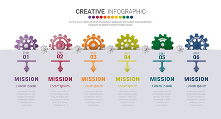 Engineering tech progress business presentation 6 steps. Cogwheel connection banner, gear infographic illustration.