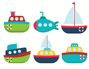 Marine ship icon set. Cartoon water transport design. Flat vector illustration isolated on white background