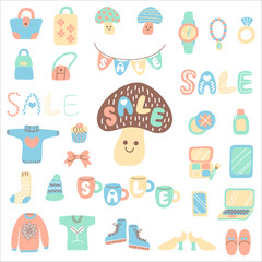 Set of kawaii sale items, kawaii, sale, item, cute, mushroom, bag, clothes, shoes, digital products, jewelry, cosmetics     パステルカラーのセール品