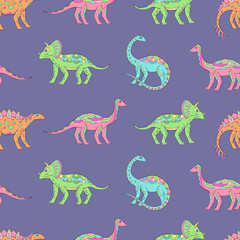 Seamless vector pattern with sketch of dinosaurs. Decoration print for wrapping, wallpaper, fabric. Seamless vector texture.