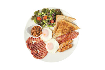 Traditional full English breakfast with fried eggs, sausages, beans, mushrooms, grilled tomatoes and bacon