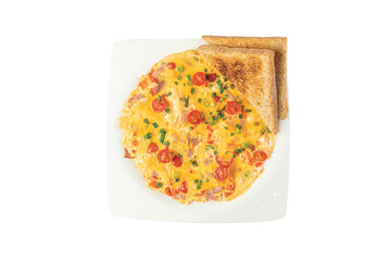 omelette stuffed with vegetables and bacon on white plate isolated on white background, top view