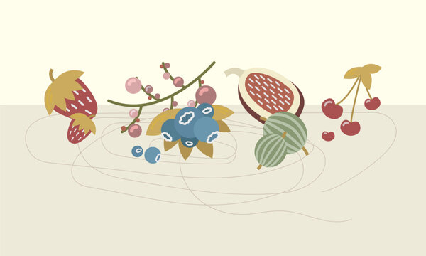 Horisontal vector set of berries. Illustration strawberry, cherry, blueberry, gooseberry and figs